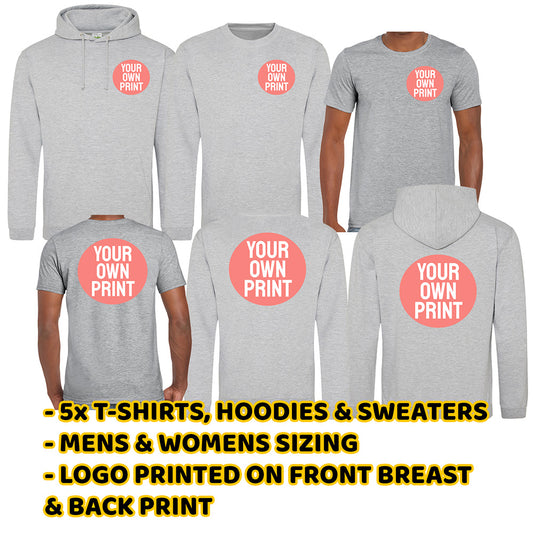 5 X Grey T-Shirts, Sweaters and Hoodies with Front Pocket Print Deal - Front & Back Print