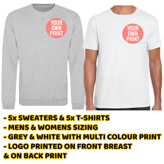 5x Grey Sweaters & White T-Shirts - Front & Back Print